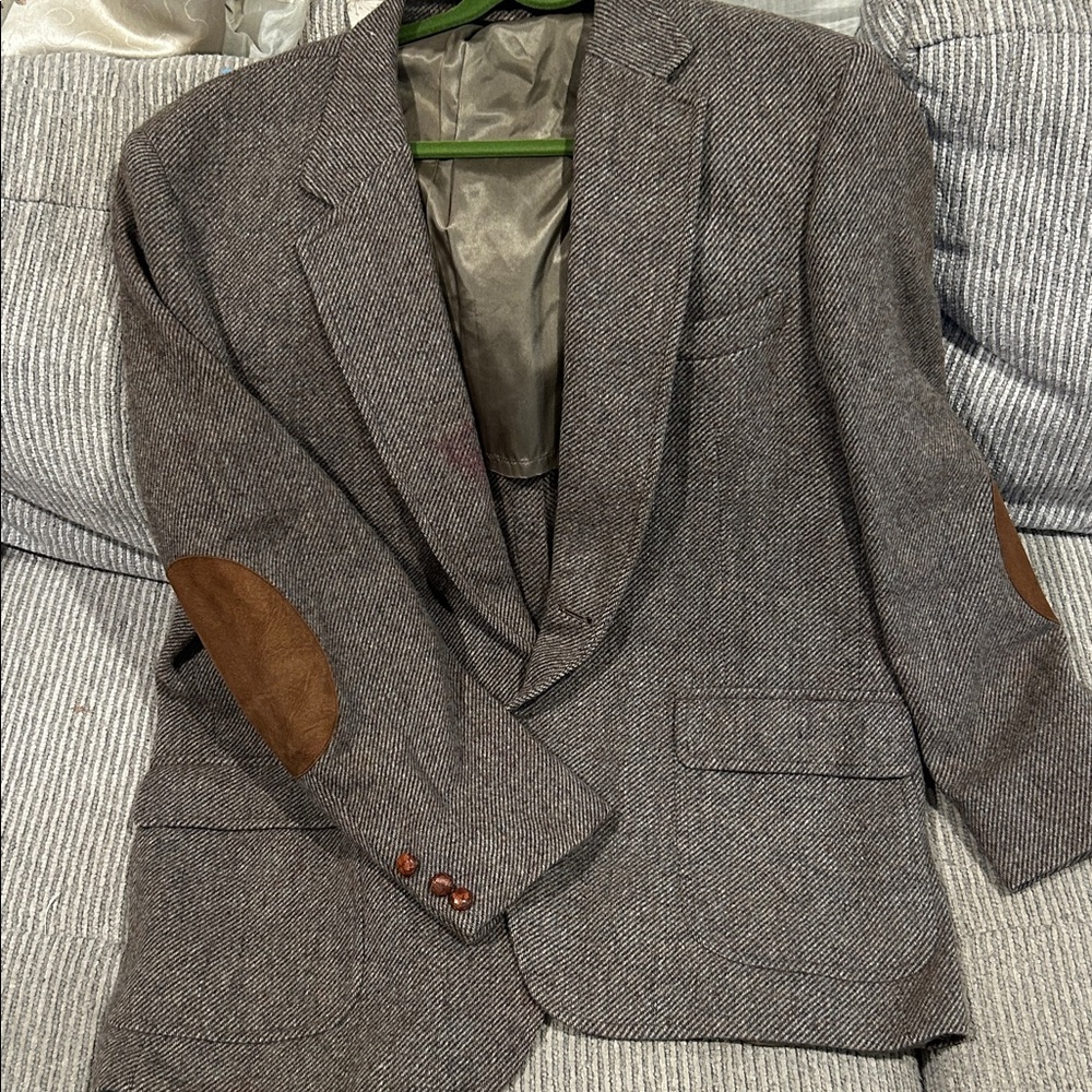 Gray Herringbone Blazer with Brown Elbow Patches